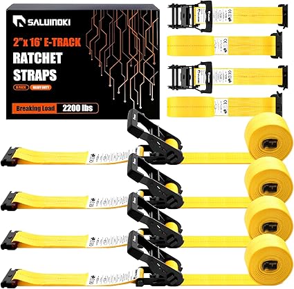 6 Pack E-Track Ratchet Straps 2" x 16ft Heavy Duty, Box Truck Cargo Strap, Etrack Accessories, 2200lbs Working Load for Trailer Yellow
